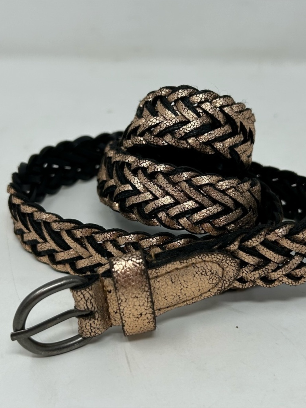 Woven Leather Metallic Rose Gold Women's Braided Belt approximately 38” long